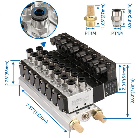 Eight Port Pneumatic Solenoid Valve Set With Two Position Five Way Base Muffler Quick Fittings PT One Eighth Inch DC Twenty Four Volt Solenoid Pack