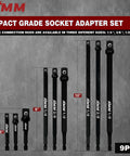 9 Piece Impact Socket Adapter Set For Power Drill To High Torque Wrench, multiple sizes and extensions, displayed vertically.