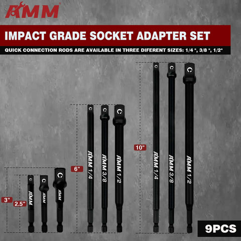 9 Piece Impact Socket Adapter Set For Power Drill To High Torque Wrench, multiple sizes and extensions, displayed vertically.