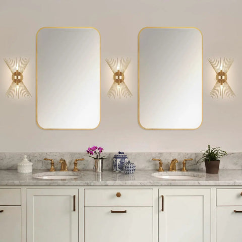 Dope Gold Sunburst Wall Sconce Two Light Fixture For Bathroom And Living Spaces, Mid Century Modern Vanity Lighting, installed above a sink