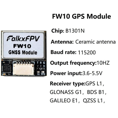 FW10 GPS module with B1301N chip, ceramic antenna, and 3.6-5.5V power input, detailed specs. High Speed GPS Module With QMC5883L Compass For Drone Racing, Upgraded 10th Generation Chip Delivers Fast Satellite Positioning, Stable Course, Precise Landing, Auto Flight Support And Multi Mode Navigation For FPV Drones.