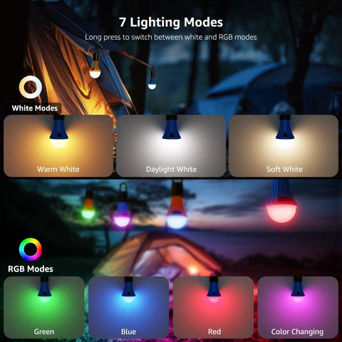 Rechargeable Camping Lantern With 7 Light Modes 3 White 4 RGB USB Cable Included Hanging Light With Clip Hook Must Have "Two Pack"