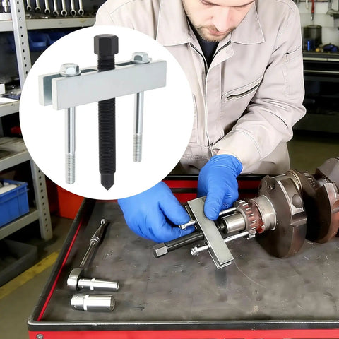 Mechanic using Beefy Heavy Duty Bearing Splitter and Five Inch Gear Pulley Puller Set for Automotive and ATV Use on car part