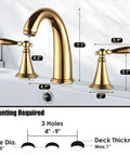 Polished Gold 3 Hole Bathroom Faucet Set With Overflow Pop Up Drain Easy Install Widespread Brass Two Handle Bath Tub Faucet For Restroom Sink No Drip Ceramic Valve showing dimensions.