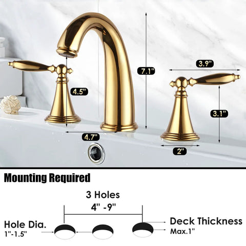 Polished Gold 3 Hole Bathroom Faucet Set With Overflow Pop Up Drain Easy Install Widespread Brass Two Handle Bath Tub Faucet For Restroom Sink No Drip Ceramic Valve showing dimensions.