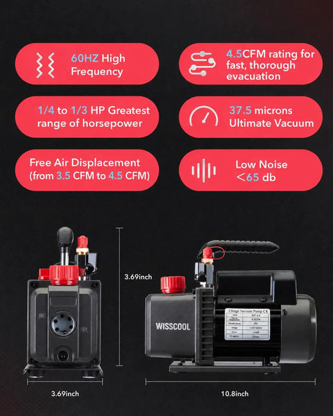 Heavy Duty 4.5 CFM Single Stage HVAC Vacuum Pump, No-Fuss 1/4 HP 110 Volt Motor For Quick Ac Service, showing specifications.
