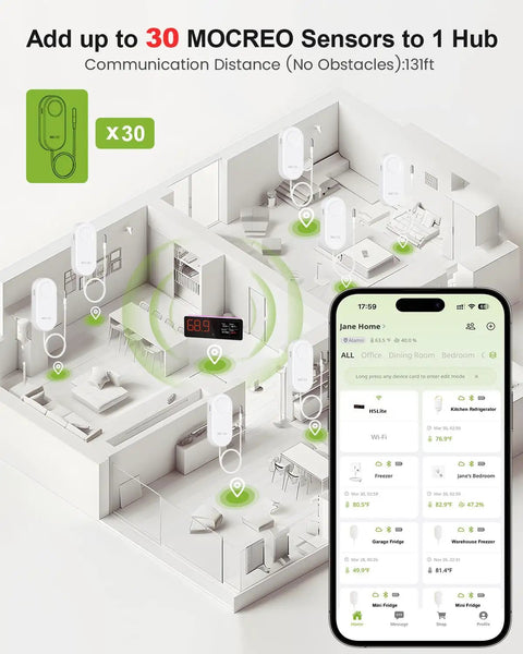 WiFi Freezer Thermometer Alarm With Digital Monitor Hub, App And Email Alerts, 2 Year Data Export, No Subscription Fee, 2 Remote Temperature Sensors For Home Refrigerator And Freezer, x30