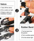 Installation guide for 4 Pack Wireless LED Strobe Lights With Remote Control, showing Velcro and rubber band attachment methods.