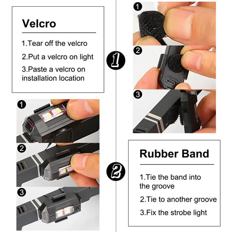 Installation guide for 4 Pack Wireless LED Strobe Lights With Remote Control, showing Velcro and rubber band attachment methods.