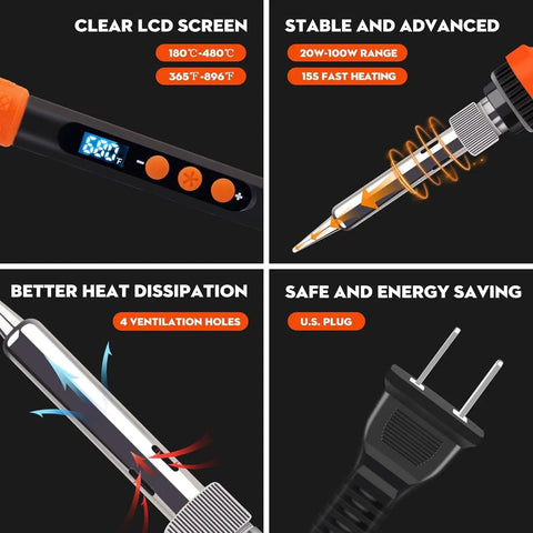 Pro Grade 100W Digital Soldering Iron Kit With Rapid Heat Up To 480 C In Seconds and 350 C Fast Start Adjustable controls