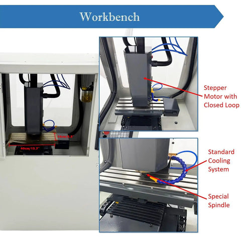 Interior view of educational CNC milling and drilling machine, showing ER20 spindle, stepper motor, and cooling system.