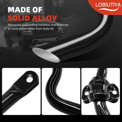 Front Sway Bar Kit 36mm with PU End Links for Ram 1500 4WD 2009-2022 Includes Bushings, Retainers and End Links for a Beefed-Up Ride and Tighter Handling Fits Dodge Ram Classic 1500 2019-2022 Suspension Upgrade black solid alloy sway bar and PU end link close-up