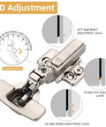 Tough As Nails Soft Close Cabinet Hinges For Frameless Half Overlay Doors showcasing 4D adjustment features and detailed installation angles.