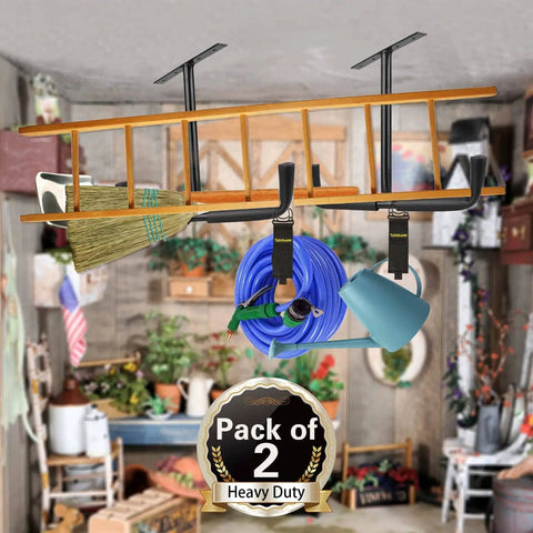 Beefy Heavy Duty Overhead Garage Storage Rack Set Of 2 With Ceiling Mount Hanger Hooks For Lumber Ladders And Bulky Items