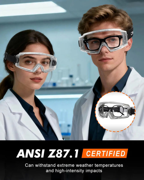 Two Pack Anti Fog Safety Goggles Over Glasses ANSI Z87.1 Certified lab workers wearing goggles in laboratory setting