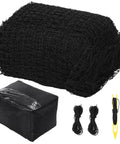 Rolled black batting cage netting, storage bag, and ropes. Batting Cage Netting For Backyard Or Garage Use 10x10x35 Ft Or 12x12x55 Ft No Frame Included
