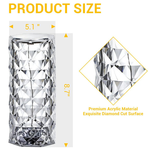 Rose Lamp With 16 Colors RGB Night Light product size, acrylic material, diamond cut surface, 5.1 x 8.7 inches dimensions