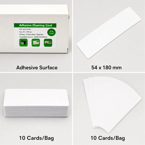 Heavy Duty Adhesive Cleaning Cards For Id Card Printers Cr80 Roller Maintenance Works With Fargo Datacard Plus Matica, 54 x 180 mm, packed in a box.