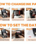 Custom Self Inking Date Stamp Personalized With Your Sign Off For Office And Business Gear Adjustable Date Wheel Stamps instructions for ink pad change and date setting.