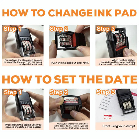 Custom Self Inking Date Stamp Personalized With Your Sign Off For Office And Business Gear Adjustable Date Wheel Stamps instructions for ink pad change and date setting.