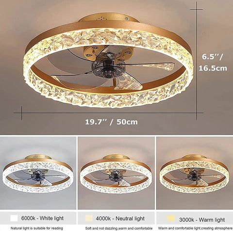 19.7 Inch Bladeless Ceiling Fan With Lights And Remote Dope Modern Enclosed Low Profile Design Crystal Edge Details