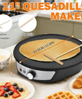 11-inch quesadilla maker with crepe batter spreader and spatula on a kitchen counter with pancakes and waffles
