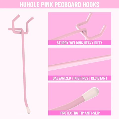 Pink Pegboard Hooks 2 Inch Set With Rubber Safety Tips, Heavy Duty Metal Hangers That Stay Put, Features of Craft Room Organizer