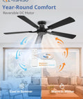 52 Inch Flush Mount Ceiling Fan With Remote Control, shown in living room, demonstrating cooling and heating airflow directions.