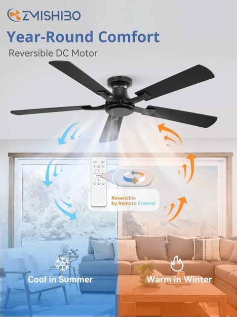 52 Inch Flush Mount Ceiling Fan With Remote Control, shown in living room, demonstrating cooling and heating airflow directions.