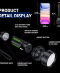 Exploded view of 51 LED UV Black Light Flashlight For Pet Pee Stain Detection And Urine Finder, Scorpion Hunting, Bed Bug Discovery, Leak Inspection, And Deep Cleaning At Home with battery compartment and specs.