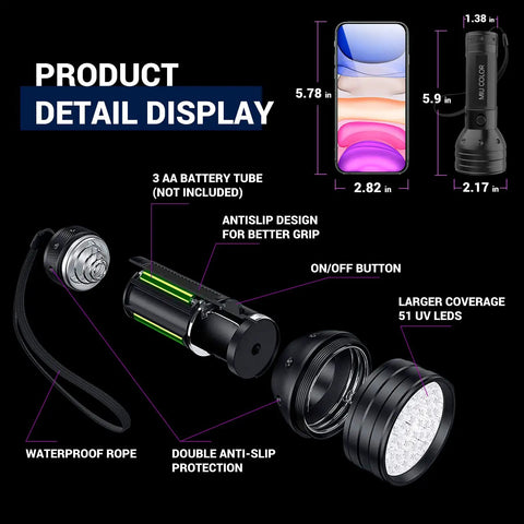 Exploded view of 51 LED UV Black Light Flashlight For Pet Pee Stain Detection And Urine Finder, Scorpion Hunting, Bed Bug Discovery, Leak Inspection, And Deep Cleaning At Home with battery compartment and specs.