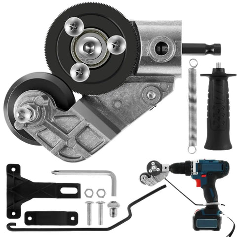 Electric Drill Attachment Nibbler Tool, Metal Sheet Plate Cutter Punch For Free Cutting Sawing Light Grey parts including drill mount and handle.