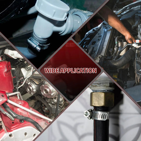 Collage showing 8-Pack Heavy Duty Stainless Steel Hose Clamps, Adjustable 0.6-1 Inch for automotive, plumbing, mechanical applications.