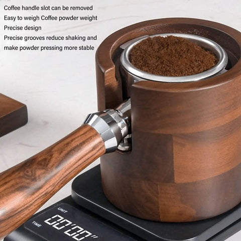 Heavy Duty Wooden Knock Box And Espresso Tamper Station with removable slot for precise coffee weighing and stable tamping.