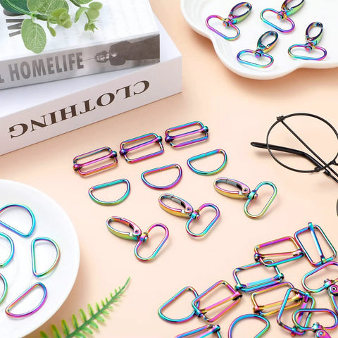 Dope Rainbow Bag Hardware Set Featuring Swivel Hooks D Rings And Tri Glide Buckles For DIY Crafts with vibrant metal pieces.
