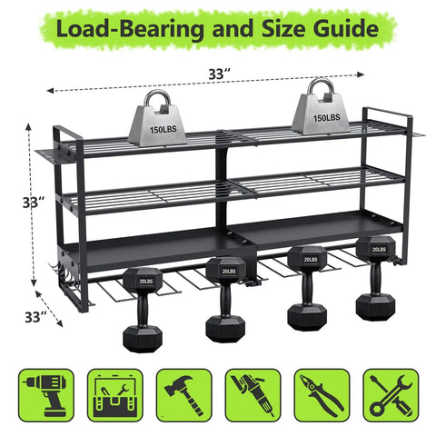 Load-bearing black Heavy Duty Power Tool Wall Mount Organizer with 4 tier shelves and 8 drill holders, supports up to 300lbs.