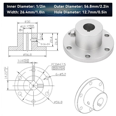 Motor Shaft Coupler With Aluminum Flange Connector And Key Lock Slot For No Slip Secure Power Transfer Through High Speed Turns And Rugged Terrain In Models For Great Torque And Durable All Weather Performance., aluminum flange coupler with 1/2in shaft and 56.8mm OD