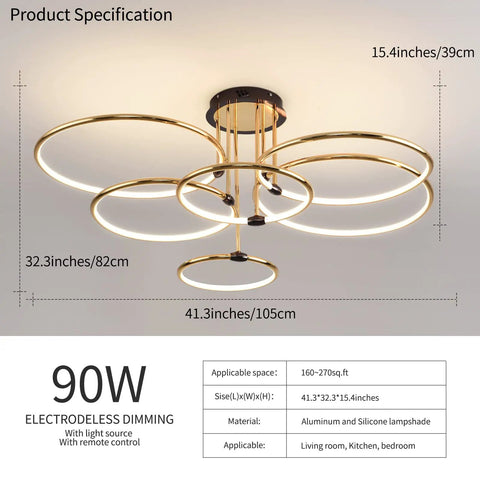 Dimmable 90W LED Ceiling Chandelier With Remote Control, Dope Gold Six Ring Flush Mount Light Fixture, 41.3 Inch