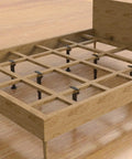 Top Shelf Four Pack Adjustable Bed Support Legs With Hefty Carbon Steel Replacement Frame Feet featuring silent rubber pads supporting a bed frame.