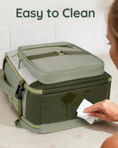 Person wiping stain off Layover-Ready Underseat Travel Backpack For Airlines, dirt-resistant green 35L personal item bag