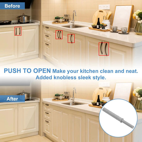 Before and after kitchen cabinet view showing Magnetic Push Latch Cabinet Hardware Pack Of 10 Pcs No Fuss 4.21 Inch Push To Open Door Latches installation