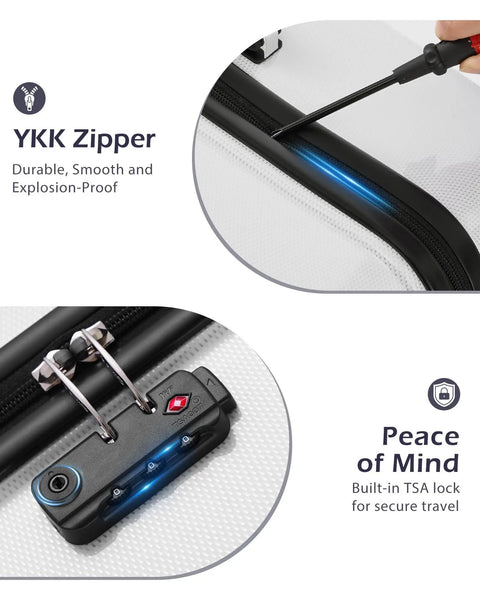 Durable Lightweight Carry On Luggage With PC Plus ABS Hard Shell, Dual Spinner Wheels, TSA Lock, And YKK Zipper, close-up of zipper and lock