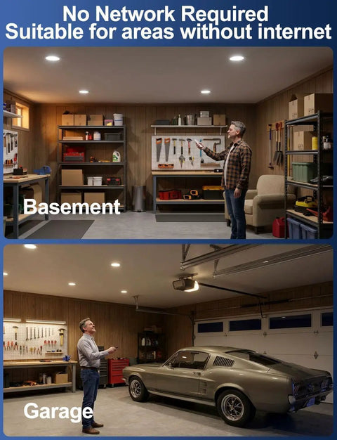 6 Inch Led Recessed Downlights Featuring Adaptive Color Changing Modes And A Seamless Canless Frame Delivers Dead Easy Install With Integrated Junction Box Premium Ceiling Fixtures In A Rock Solid 6 Pack For No Fuss Room Refresh installed in basement and garage space.