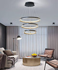 Dope Modern LED Chandelier Pendant Light For Kitchen Island Dining Living Room Bedroom Foyer, 90W Black 3-Ring Fixture