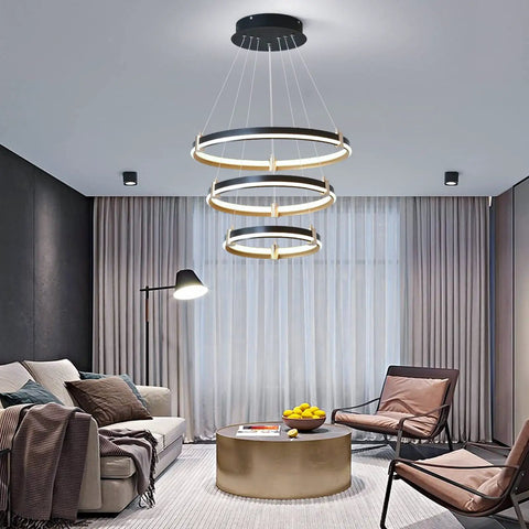 Dope Modern LED Chandelier Pendant Light For Kitchen Island Dining Living Room Bedroom Foyer, 90W Black 3-Ring Fixture