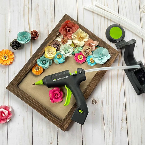 High Temperature Mini Hot Glue Gun With Fine Tip For Detailed Crafting And DIY Projects, Cordless For Quick Lifts Then Corded For Heavy Duty Use, 20 Watts, Precision Bonding Tool shown with floral crafts and stand