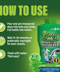 Front view of Green Gobbler Drain Clog Dissolver bottle in green packaging with usage steps on left.