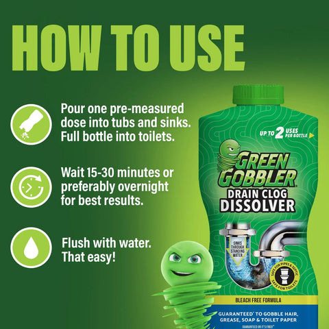 Front view of Green Gobbler Drain Clog Dissolver bottle in green packaging with usage steps on left.