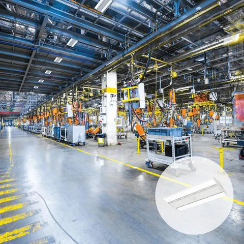 Compact Pro LED High Bay Light Ultra Bright 24,000 Lumens 5000K Daylight Dimmable 120-277V in industrial warehouse setting