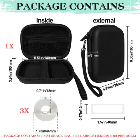 Heavy Duty Workhorse Hard Shell Label Printer Case With Three Rolls Of Adhesive Paper Tape Secure Travel Storage Pouch showing dimensions and contents.